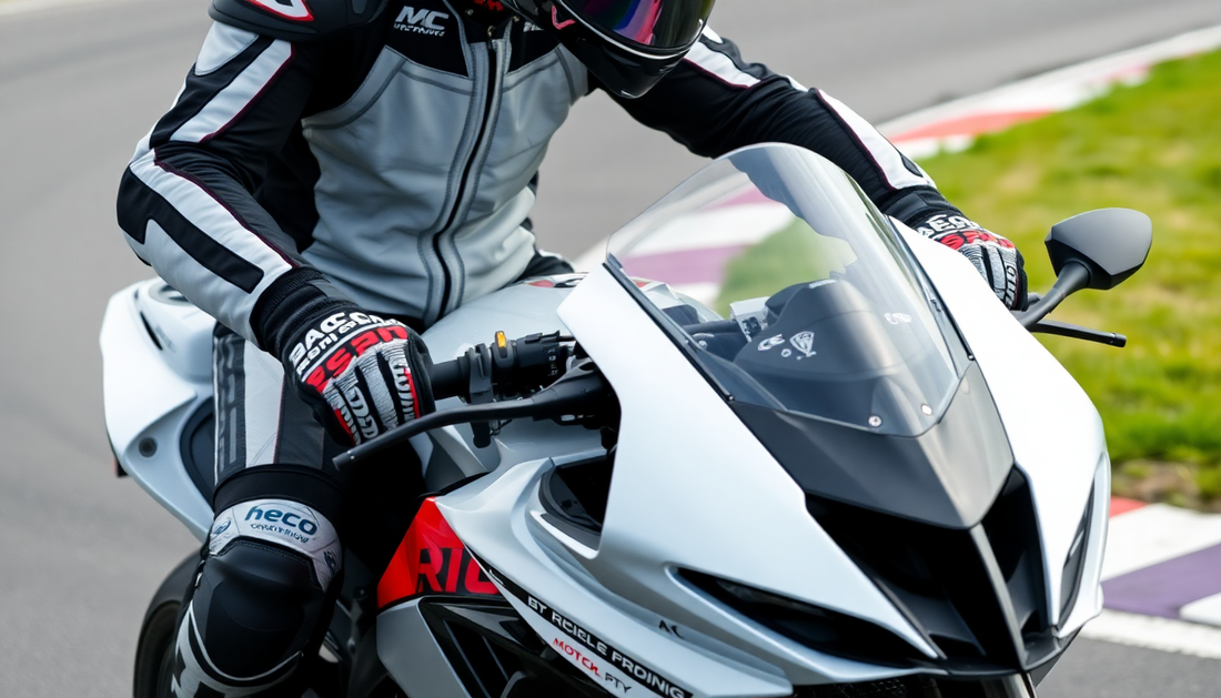 A motorcyclist wearing a high-quality race suit on a racetrack