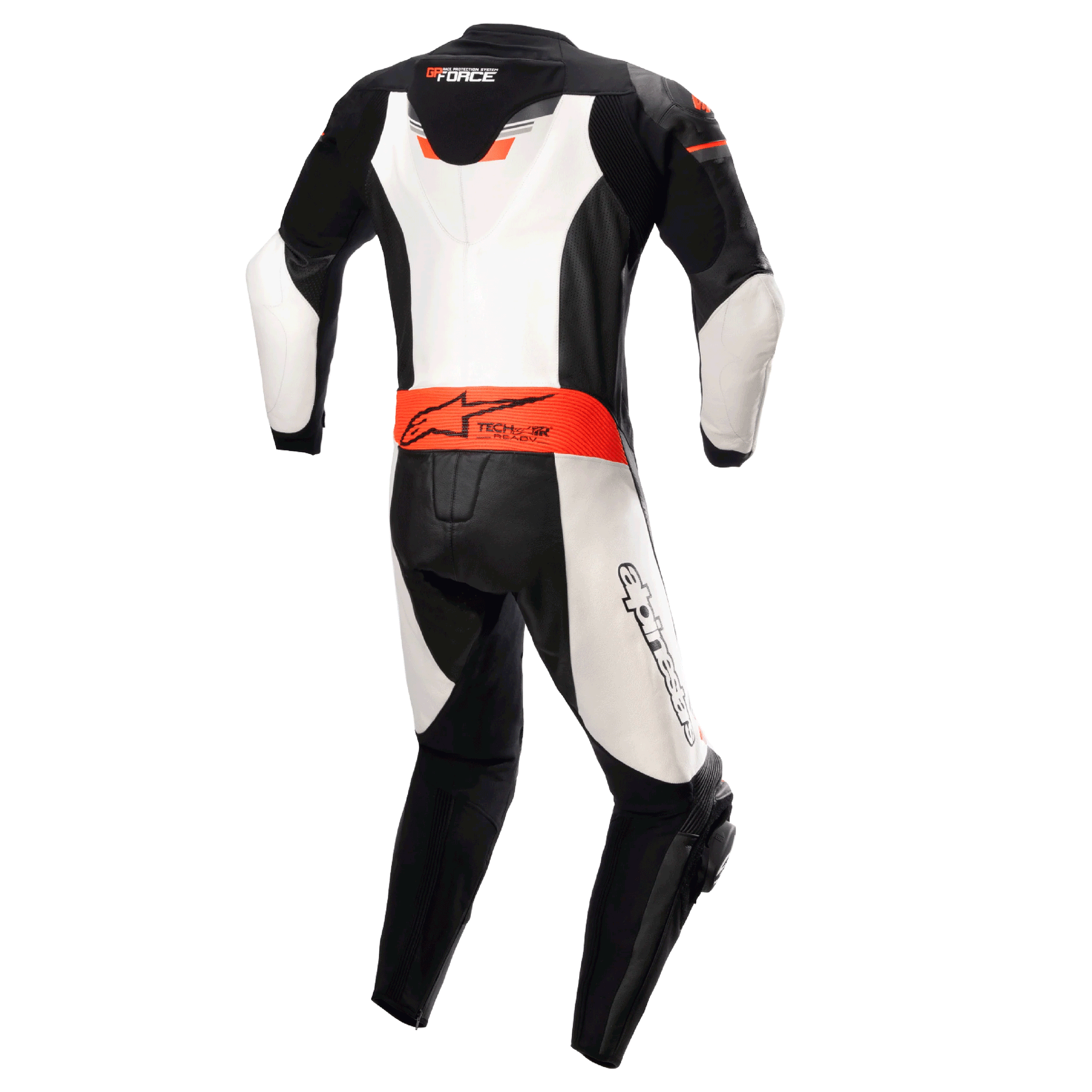MRS black white and red alpinestar fire suit motorcycle racing suit rear view