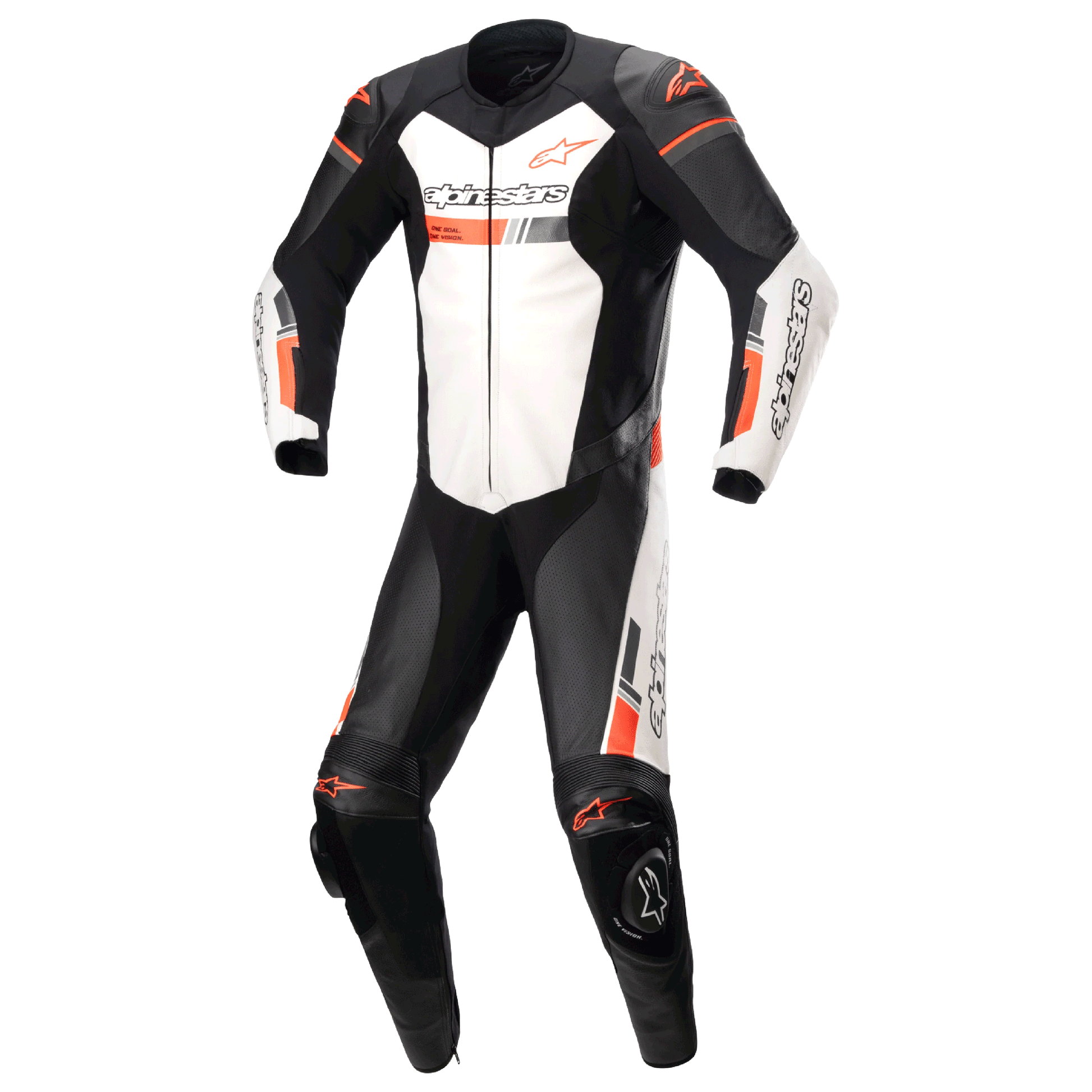 MRS motorcycle racing suit featuring black white and orange alpinestar fire suit design with protective padding
