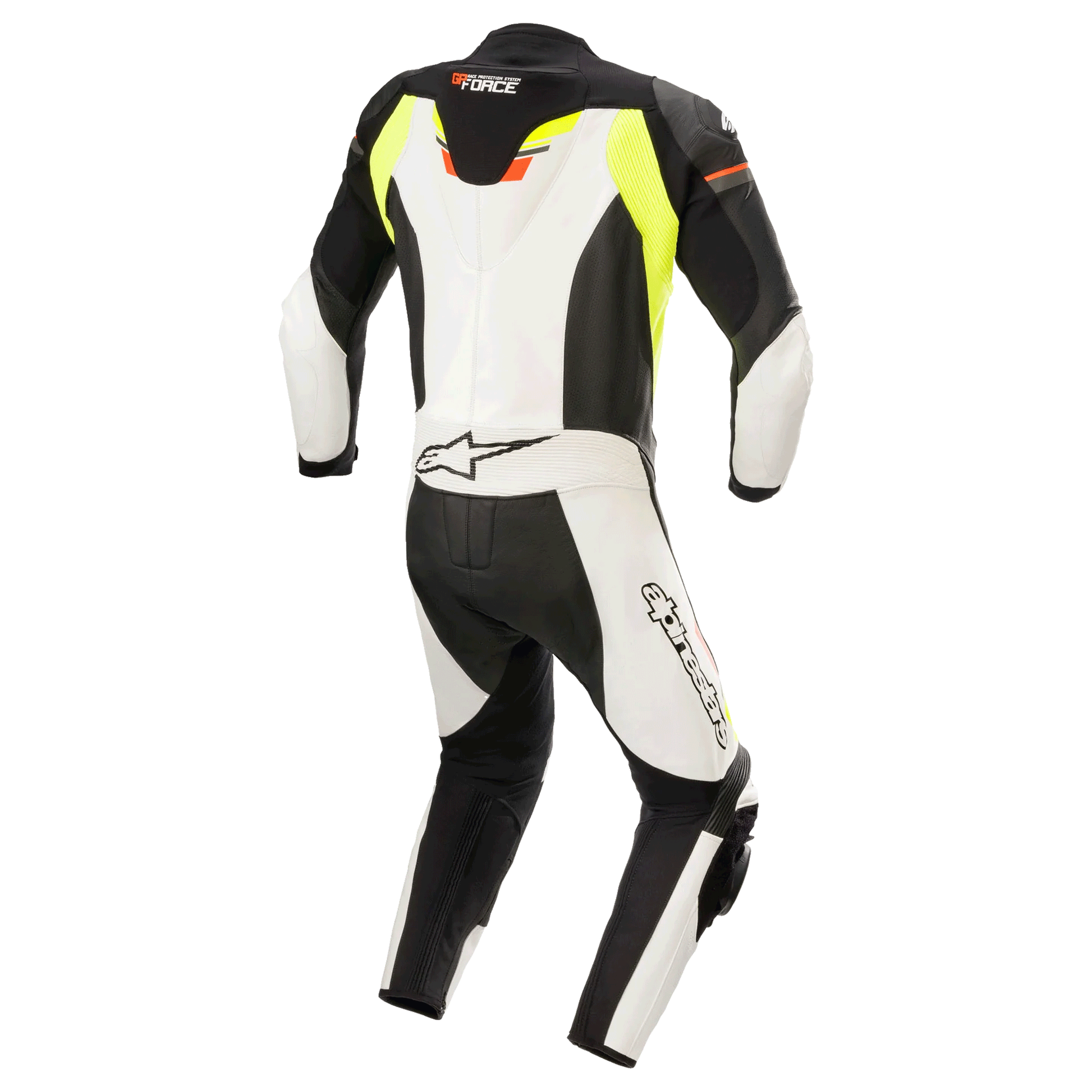 MRS motorcycle racing suit in black white and neon yellow featuring alpinestar fire suit branding