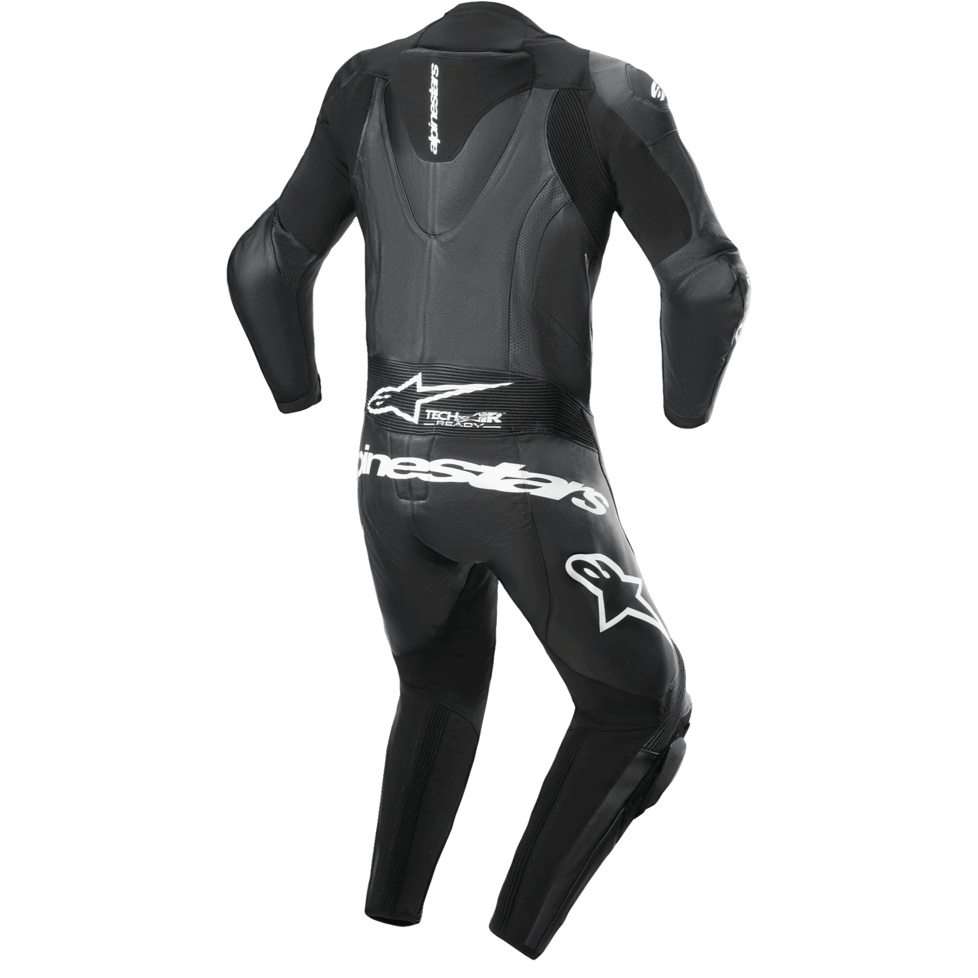 Black alpinestar racing suit by MRS with protective padding and aerodynamic design for motorcycle racing