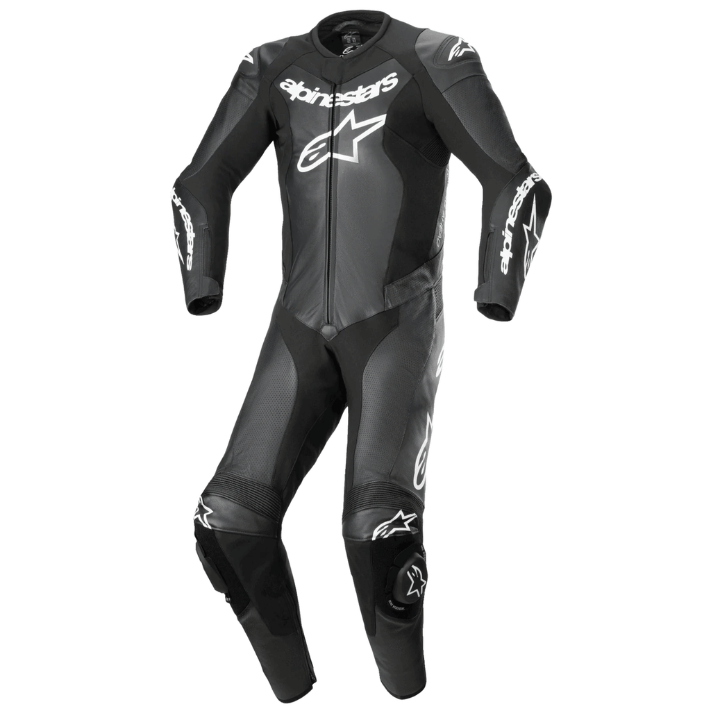 MRS black alpinestar racing suit with white logos and protective padding motorcycle suits