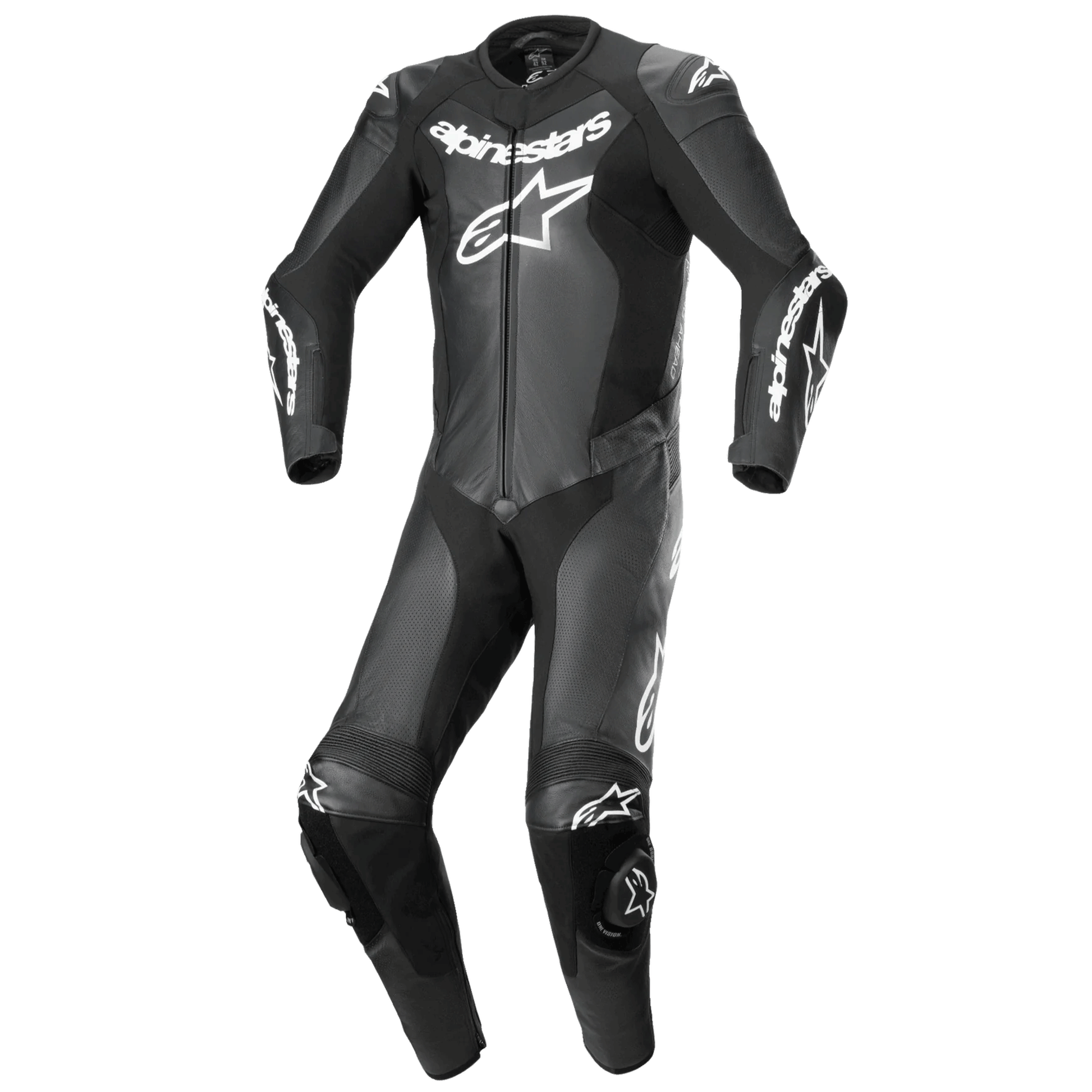 MRS black alpinestar racing suit with white logos and protective padding motorcycle suits