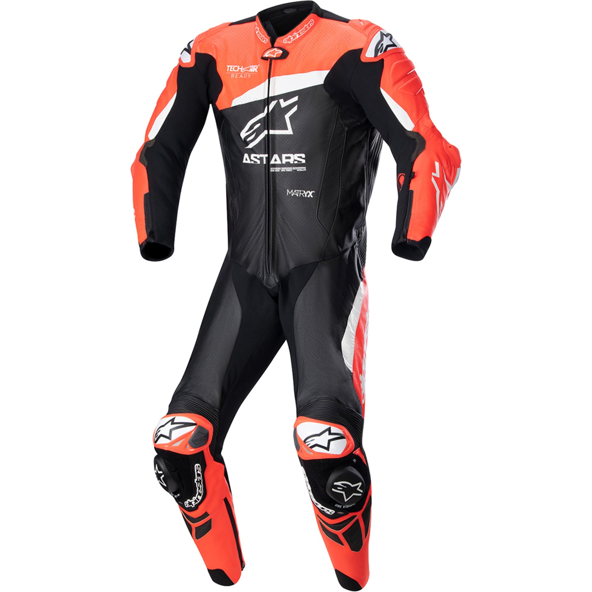 MRS alpinestar racing suit in black and red designed for motorcycle racing with protective features