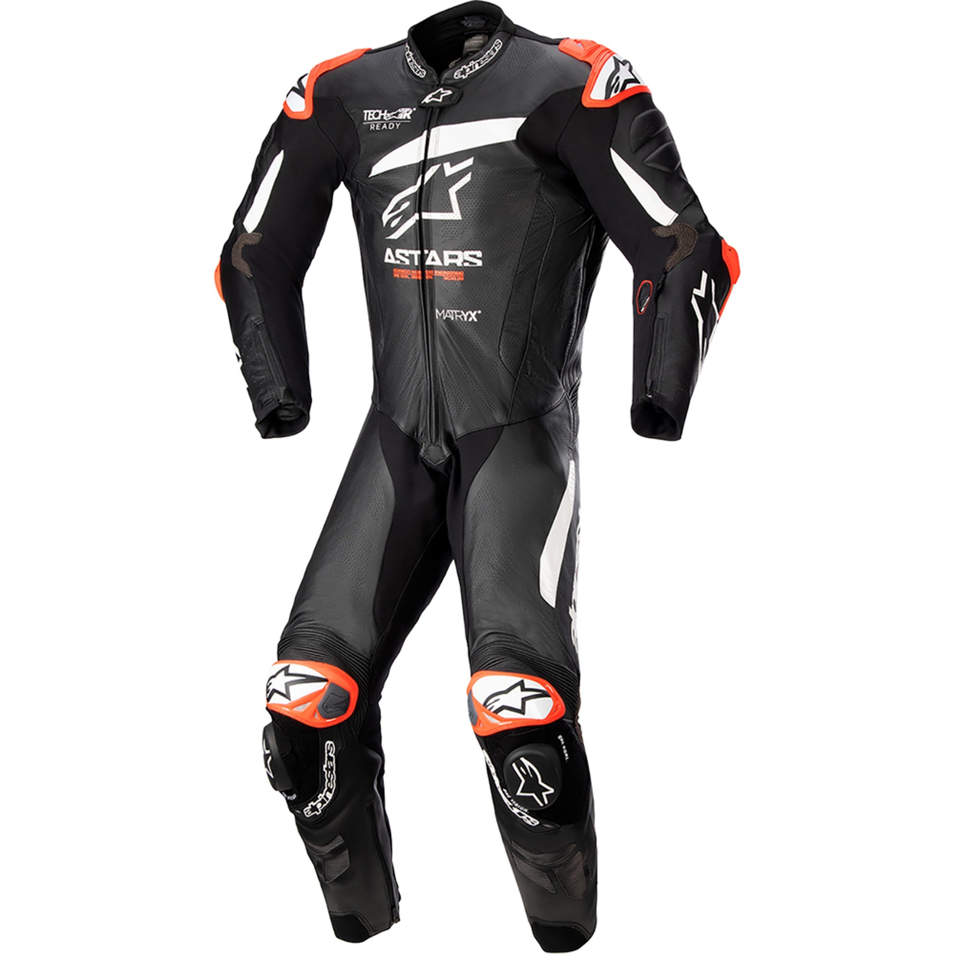 MRS black and orange alpinestar racing suit with protective padding and aerodynamic design