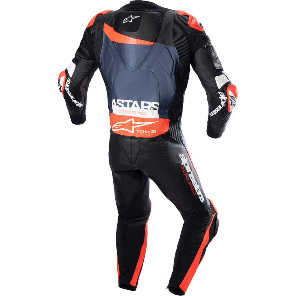 MRS alpinestar racing suit in black red and white leather for motorcycle racing protection