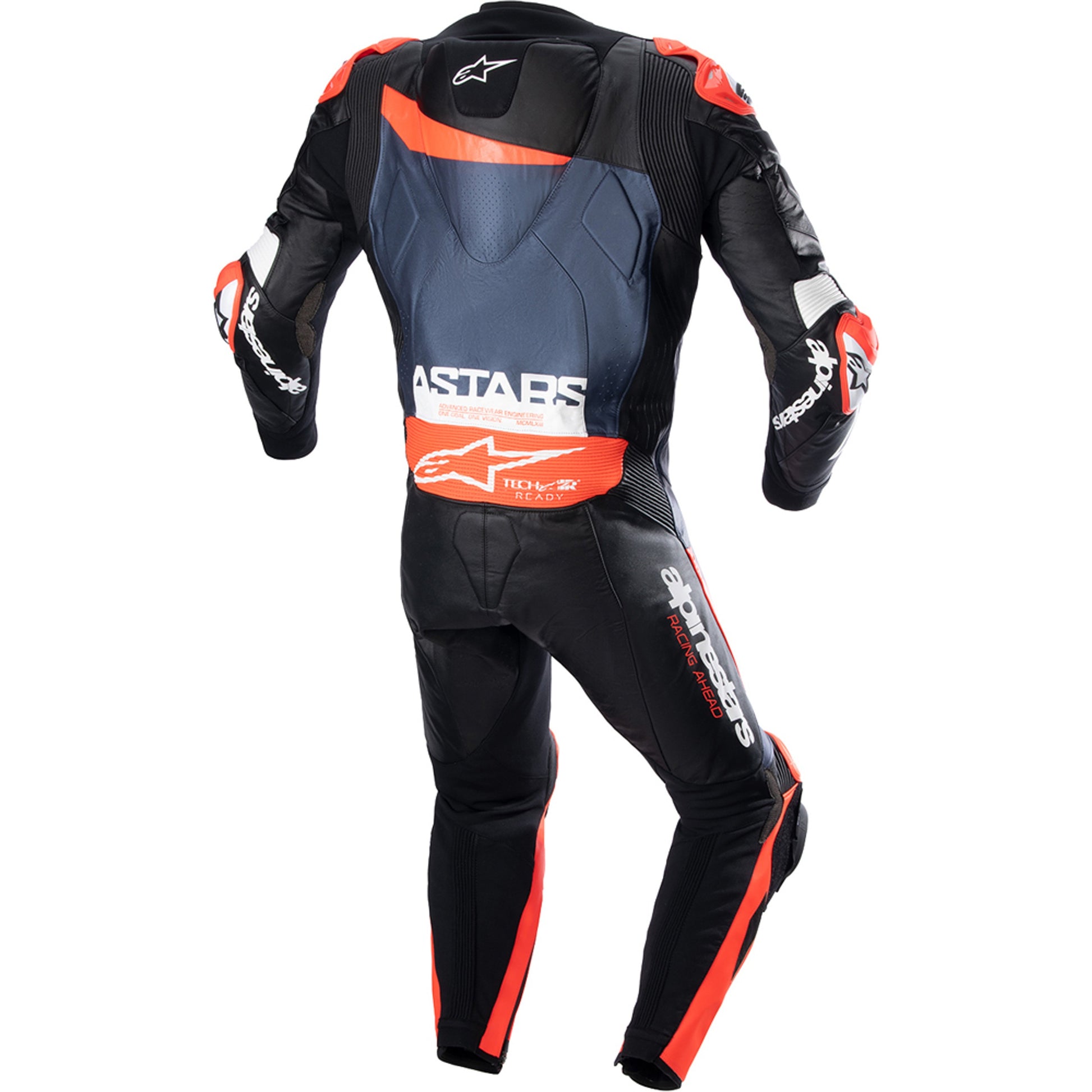 MRS alpinestar racing suit in black red and white leather for motorcycle racing protection