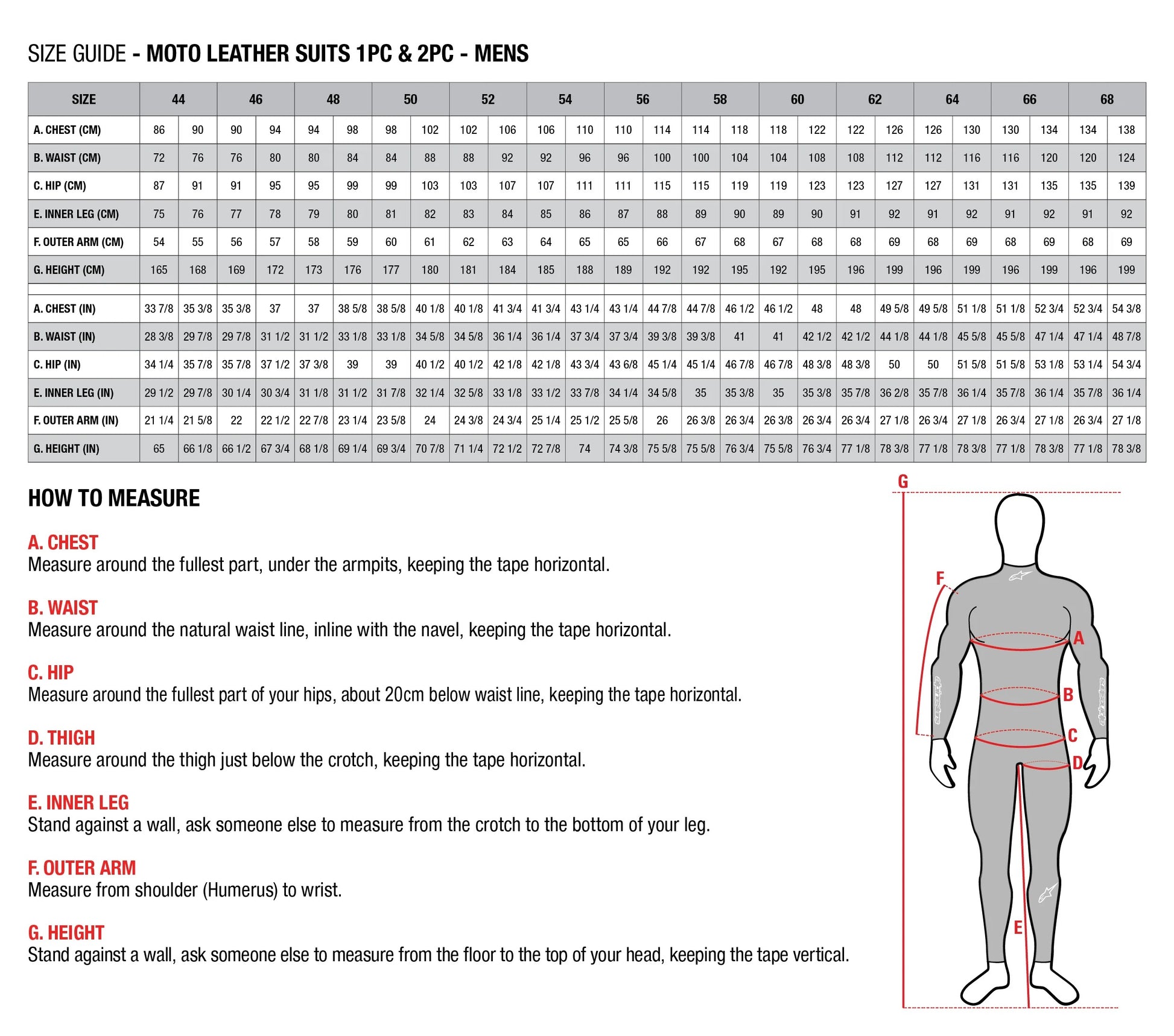 MRS motorcycle racing suit size guide showing measurements for chest waist hip thigh inner leg outer arm and height