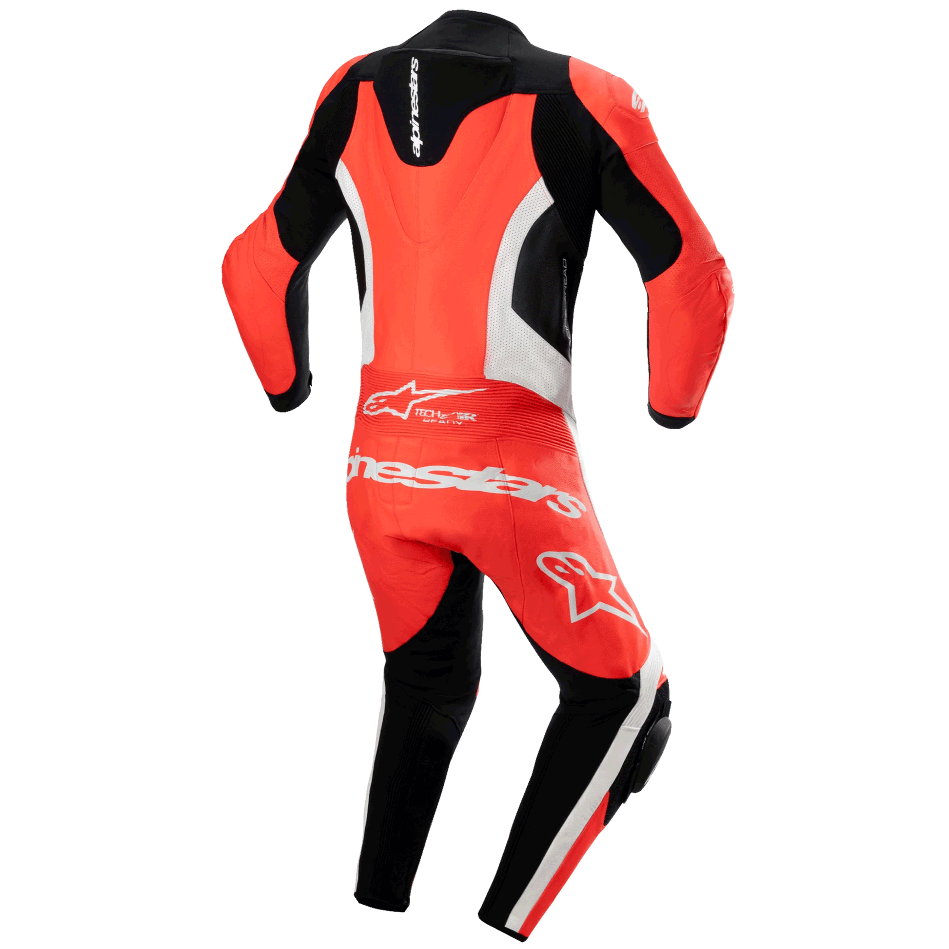 MRS alpinestar racing suit in red black and white full motorcycle suit from the back