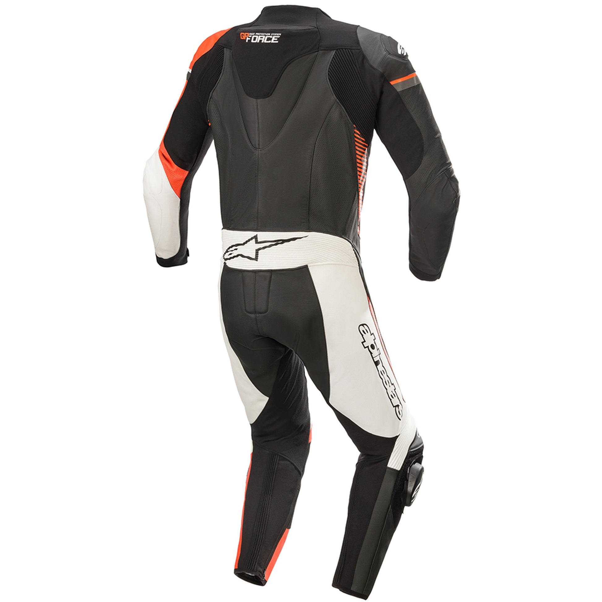 Back view of MRS Alpinestars GP force phantom leather suit motorcycle suit leather​ in black white and orange