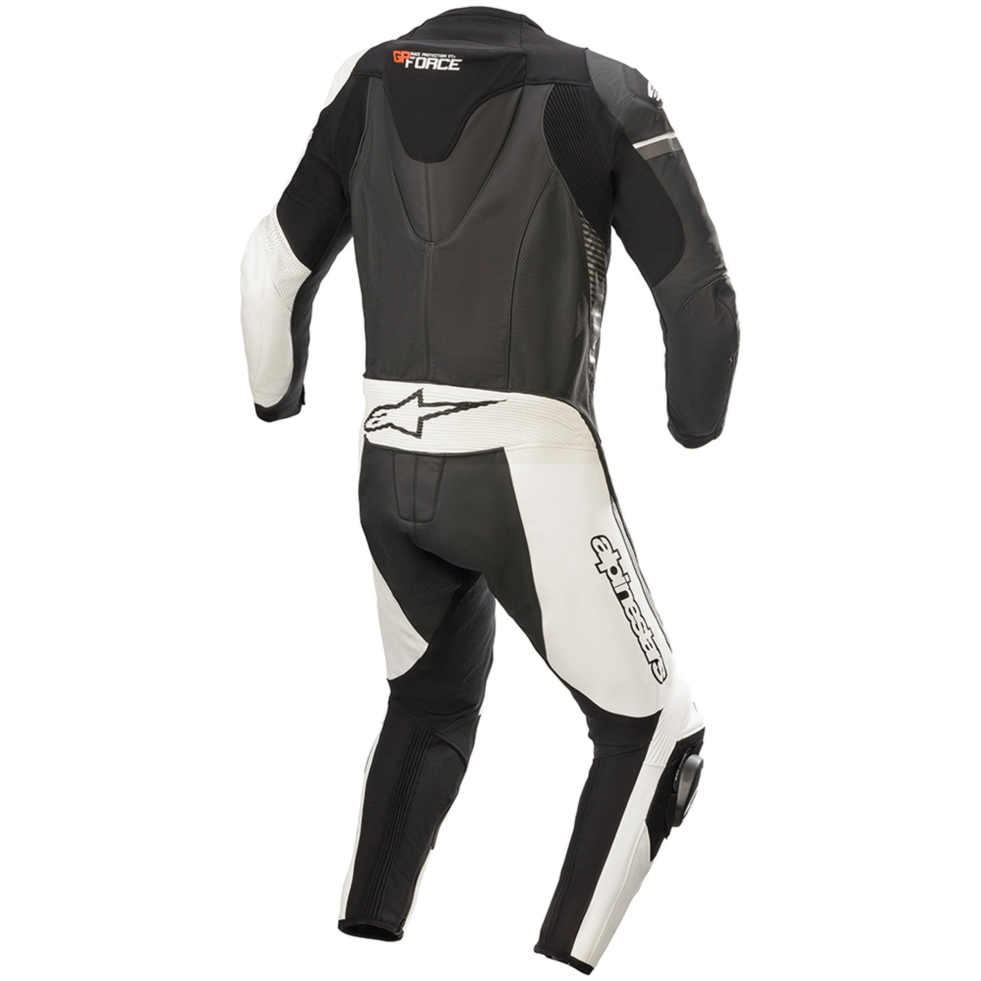 Back view of MRS Alpinestars GP force phantom leather suit motorcycle Leather suit in black and white