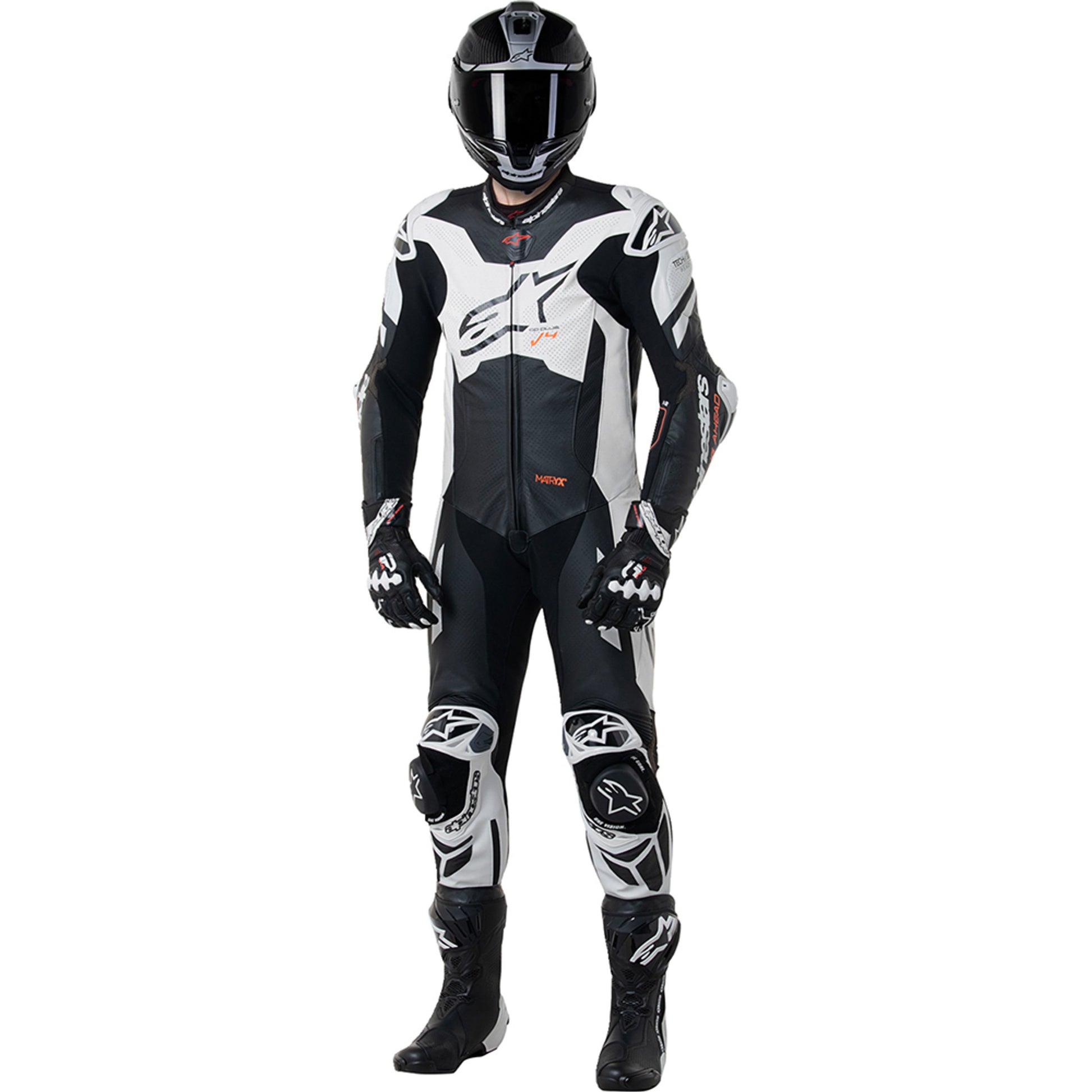 MRS black and white motorcycle racing suit featuring alpinestars gp plus v4 design with protective gear