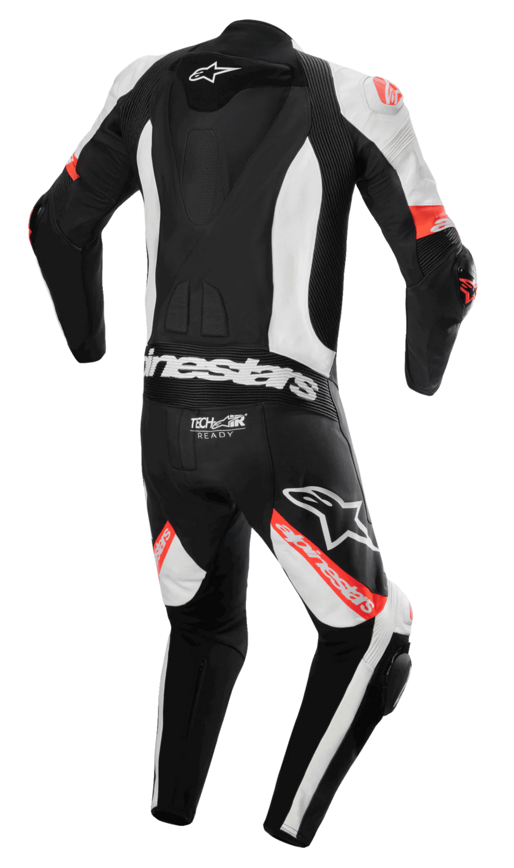 Back view of MRS alpinestars missile v2 race suit in black white and red for motorcycle racing