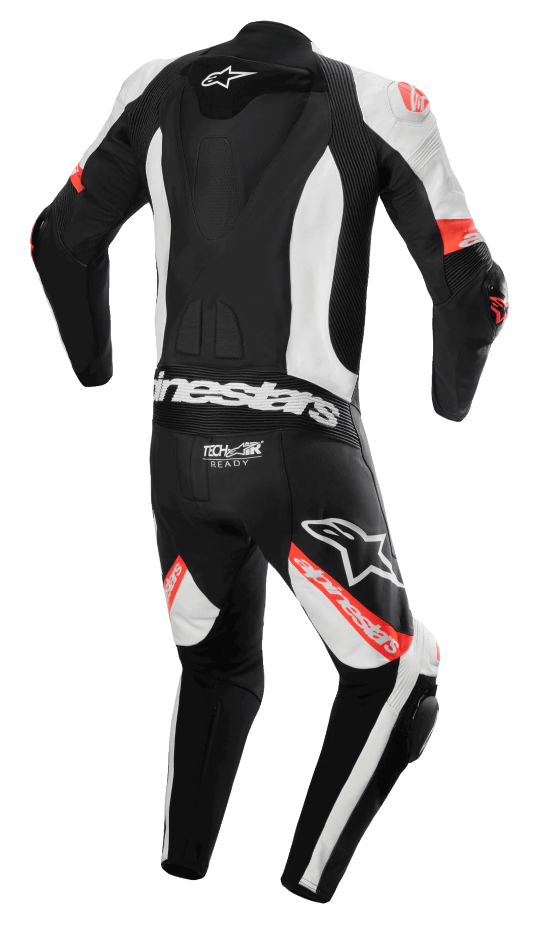 Back view of MRS alpinestars missile v2 race suit in black white and red for motorcycle racing