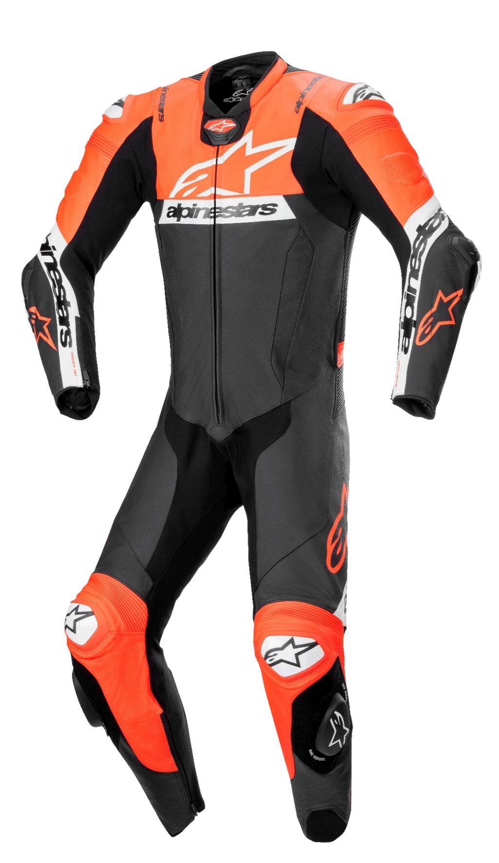 MRS alpinestars missile v2 race suit in black and orange for motorcycle racing protection