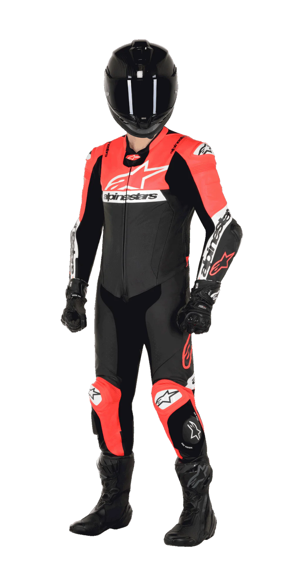 MRS motorcycle racing suit featuring the alpinestars missile v2 race suit in black and red with protective gear