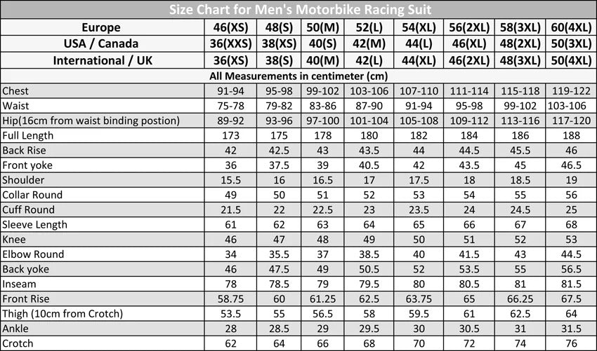 MRS alpinestars missile v2 race suit size chart showing detailed chest waist hip and length measurements in centimeters