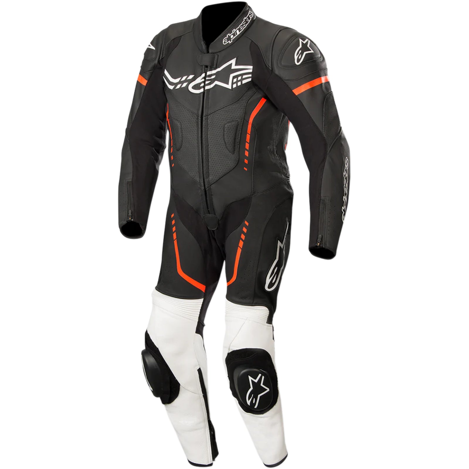 Black and white alpinestars racing suit with orange accents and protective padding for motorcycle racing