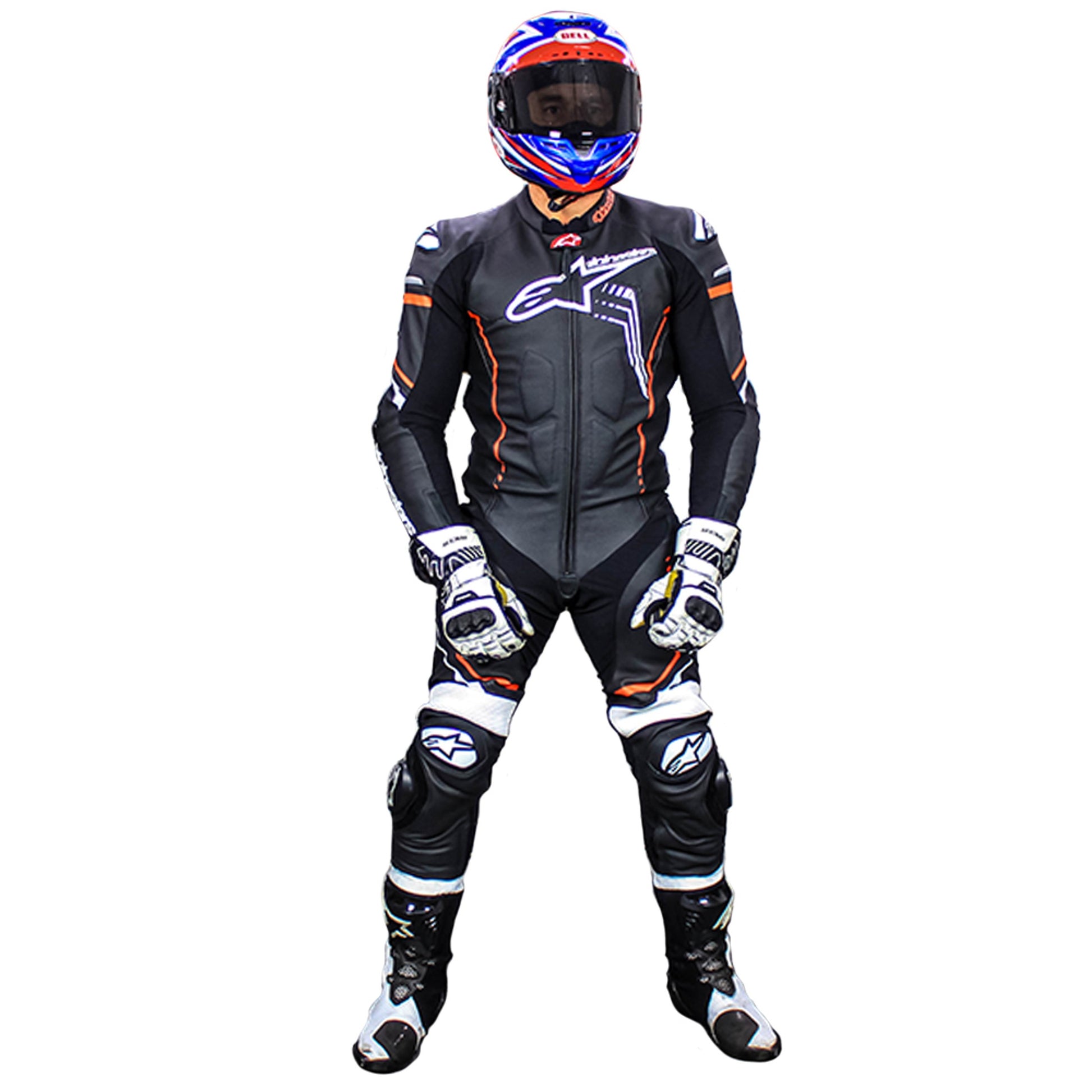 MRS black and white alpinestars racing suit with protective gear and full-face helmet