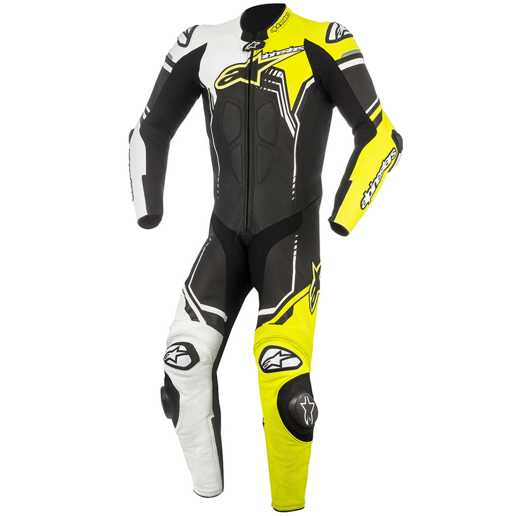 MRS alpinestars racing suit in black white and yellow with protective padding for motorcycle racing