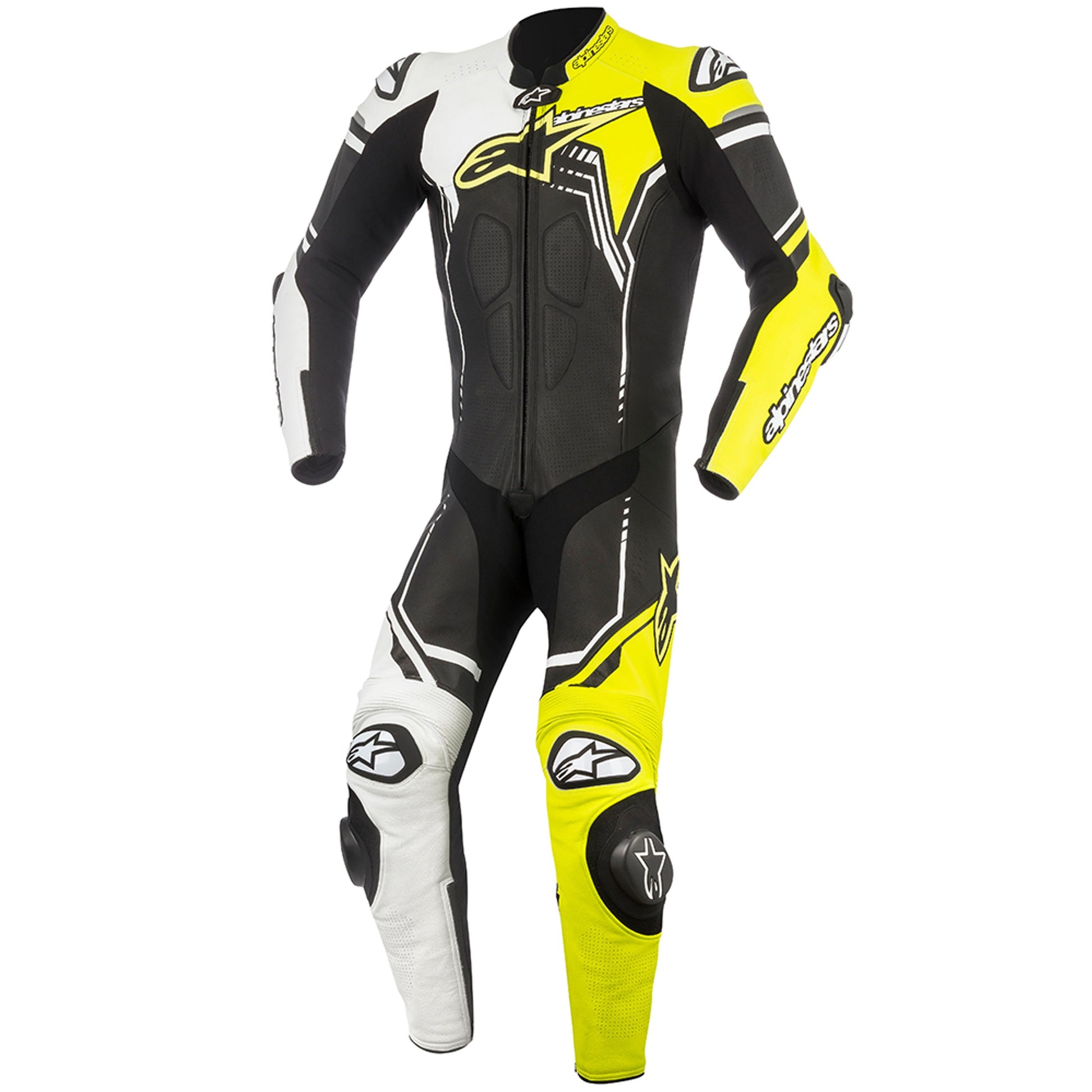 MRS alpinestars racing suit in black white and yellow with protective padding for motorcycle racing