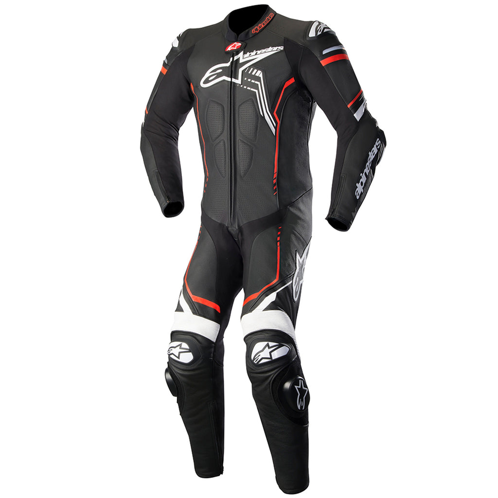 MRS black leather alpinestars racing suit with red and white accents for motorcycle racing