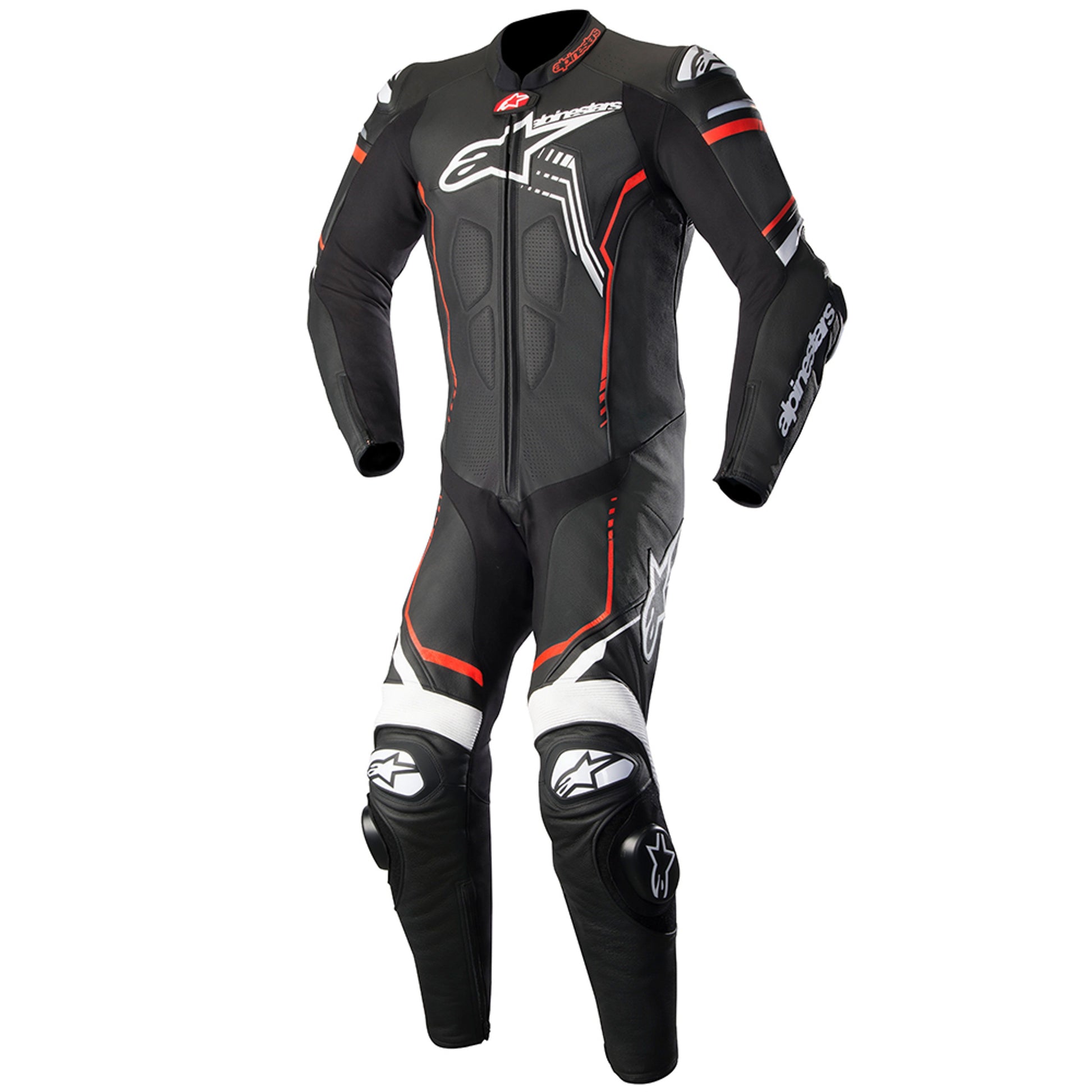 MRS black leather alpinestars racing suit with red and white accents for motorcycle racing