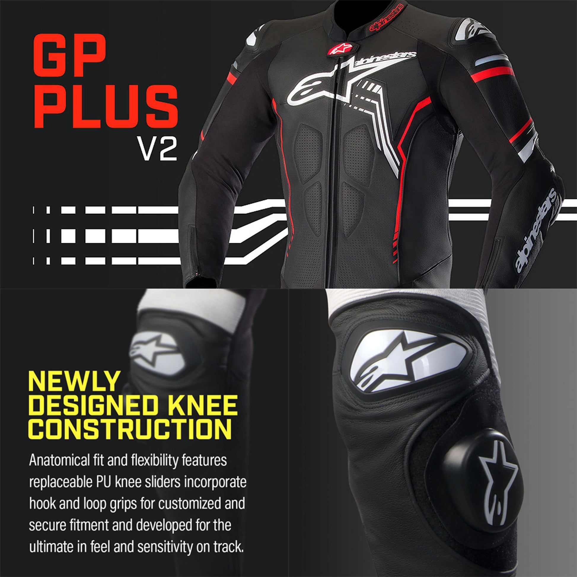 MRS Alpinestars racing suit GP Plus V2 with newly designed knee construction for flexibility and protection