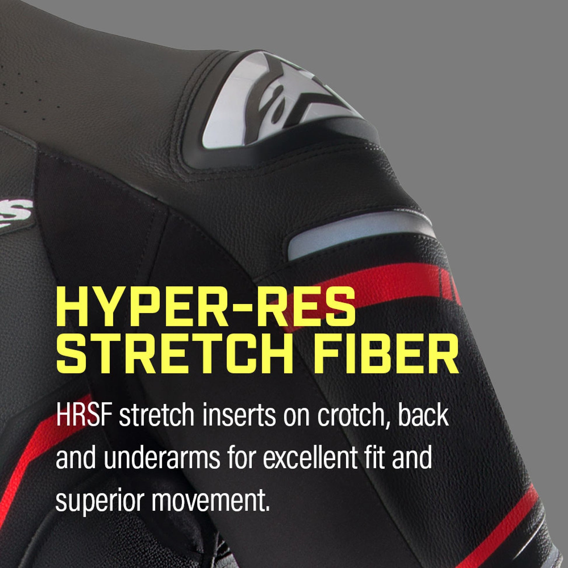 Close-up of MRS motorcycle racing suit shoulder with Hyper-Res Stretch Fiber and alpinestars racing suit branding