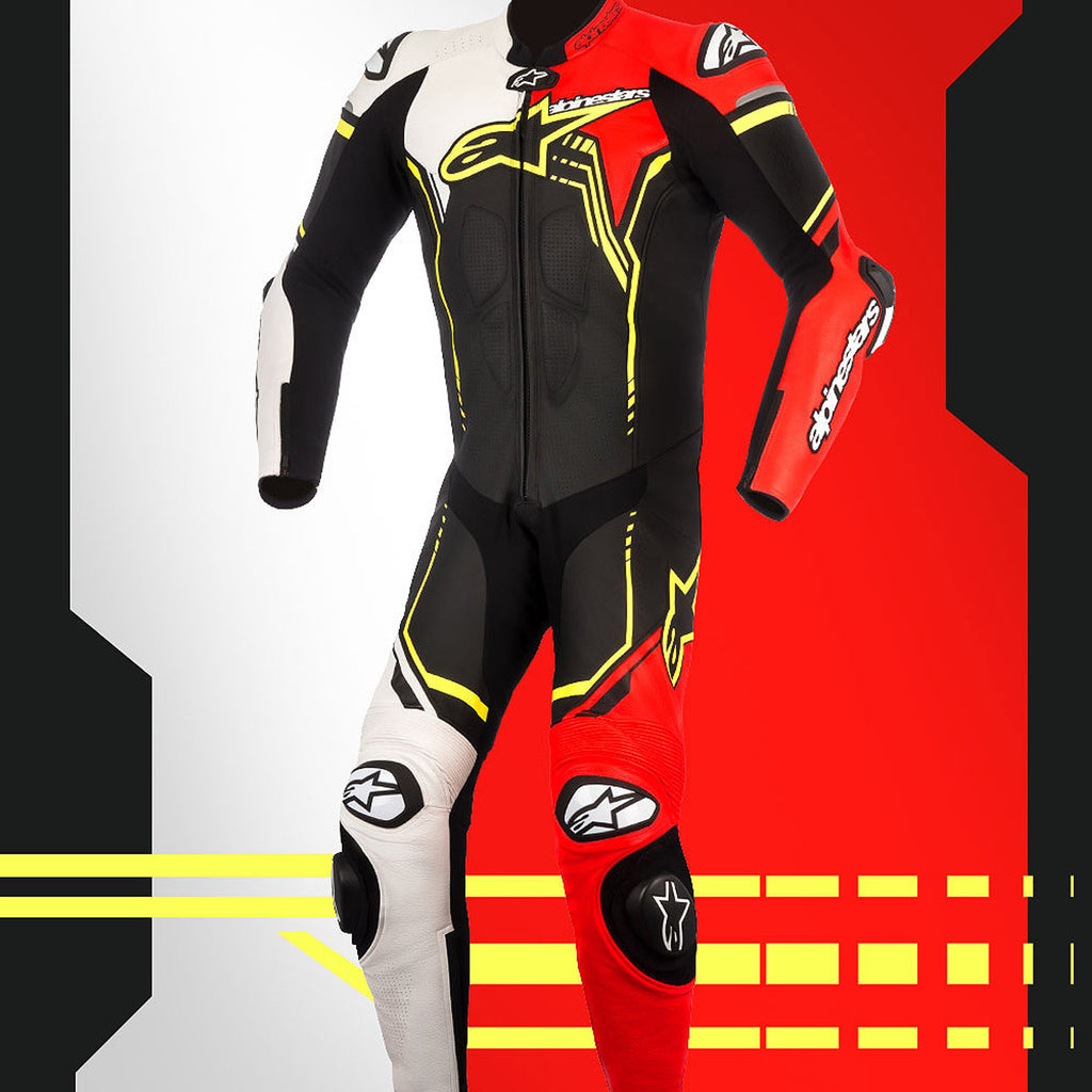 MRS alpinestars racing suit in black, red, and white with yellow accents for motorcycle racing
