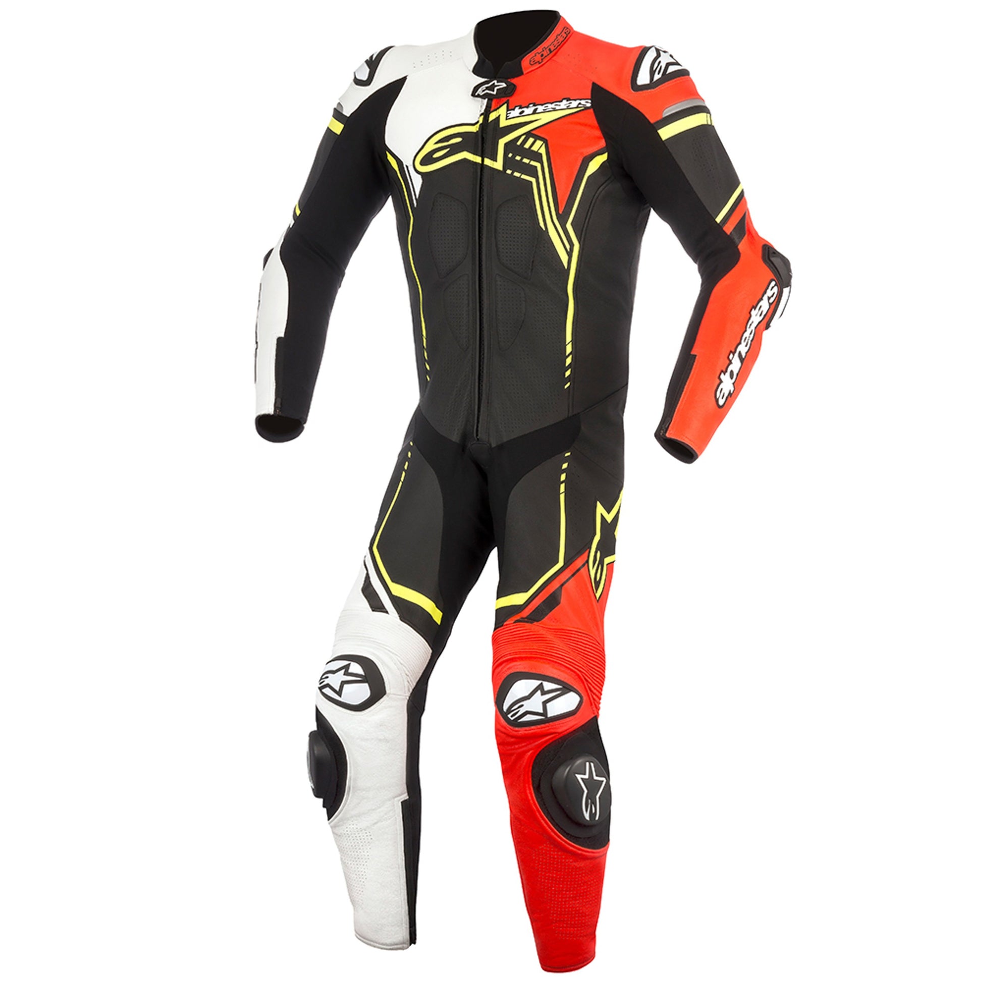 MRS alpinestars racing suit in black red white with yellow accents for motorcycle racing