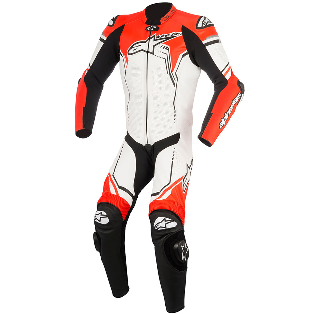 MRS alpinestars racing suit in white, black, and red motorcycle racing suit with protective padding