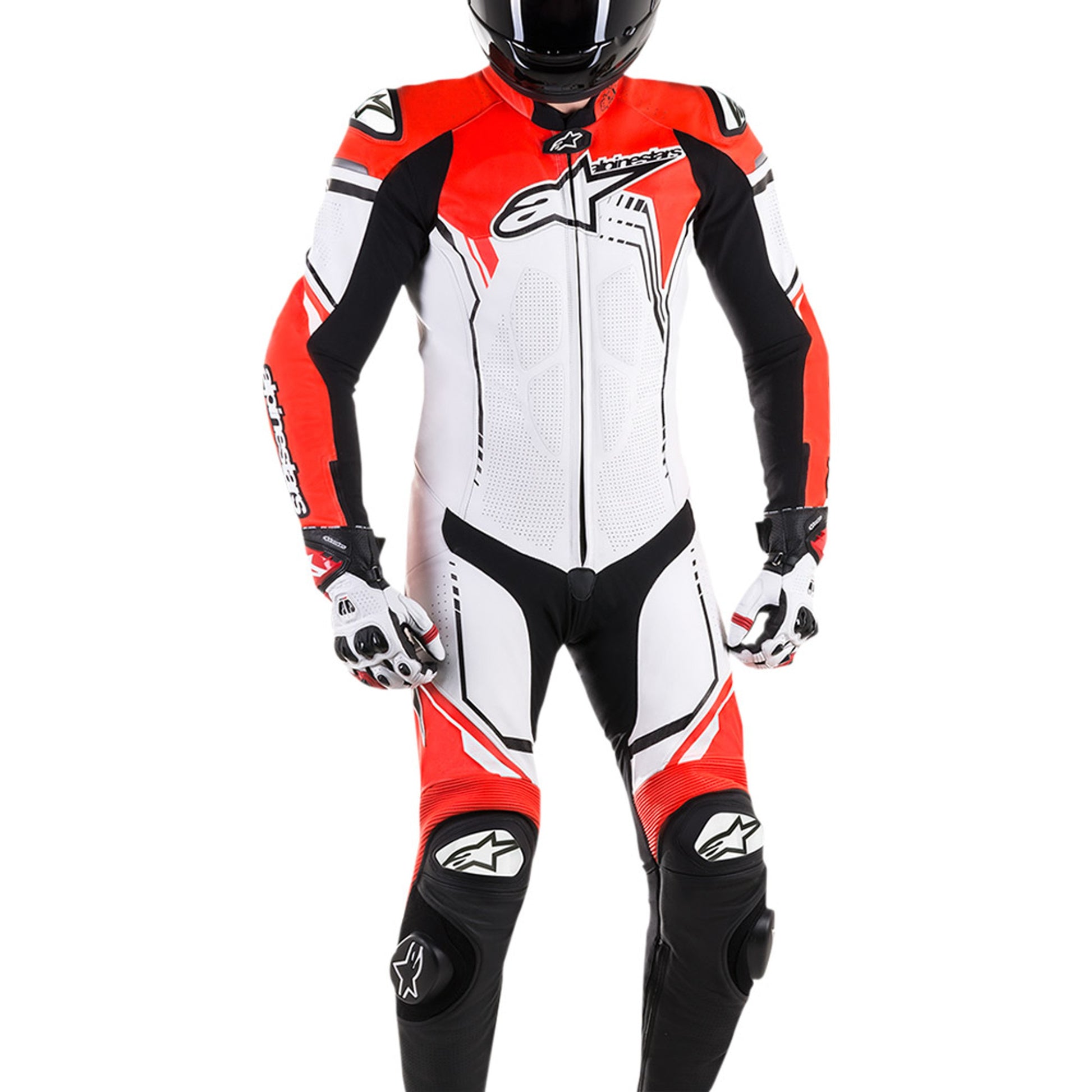 Red white and black MRS alpinestars racing suit with protective gear and full-body fit