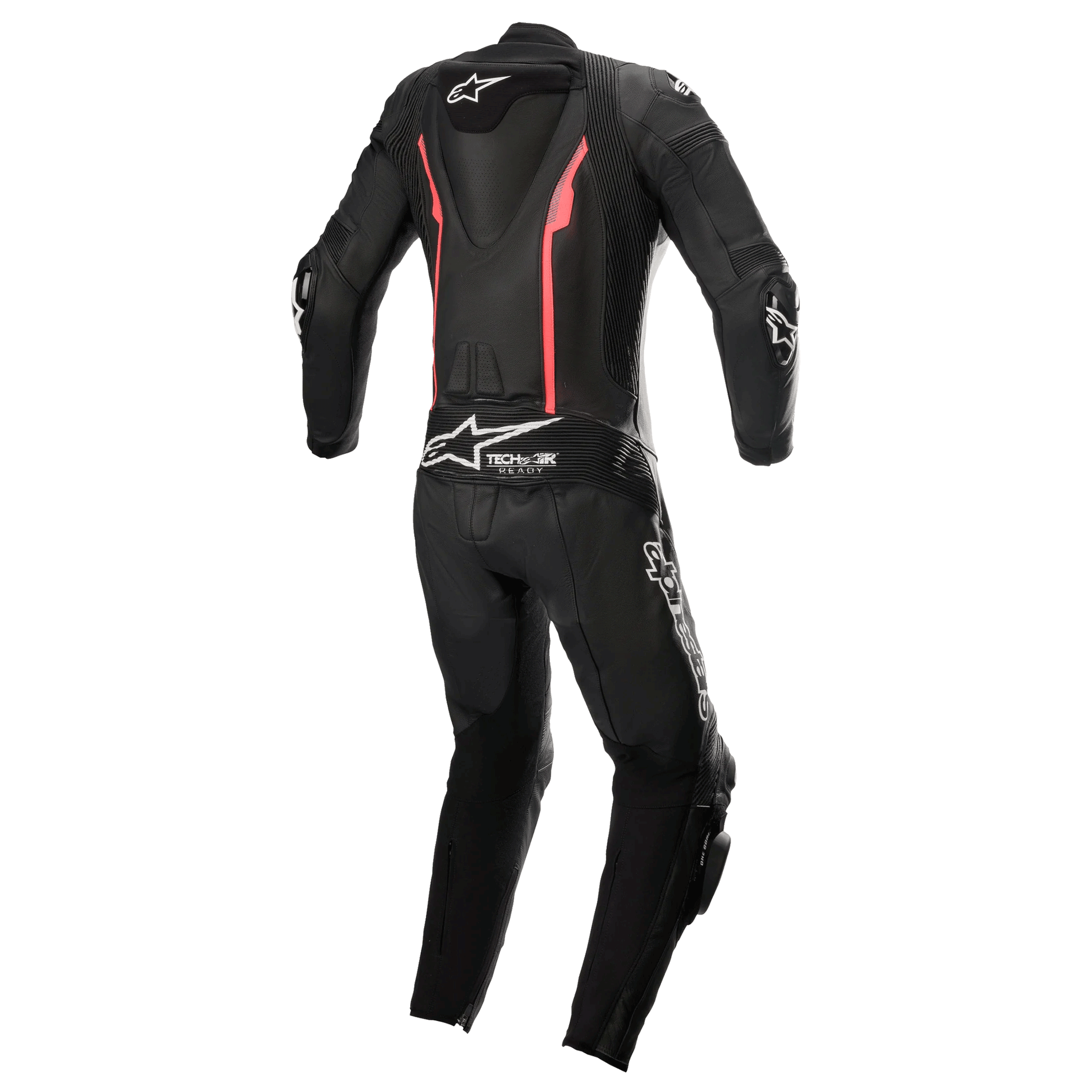 MRS black Motorcycle Racing Suit featuring alpinestars stella missile v2 design with pink accents
