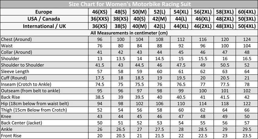 MRS Motorcycle Racing Suit size chart for women with precise measurements in centimeters across sizes 46XS to 60 4XL